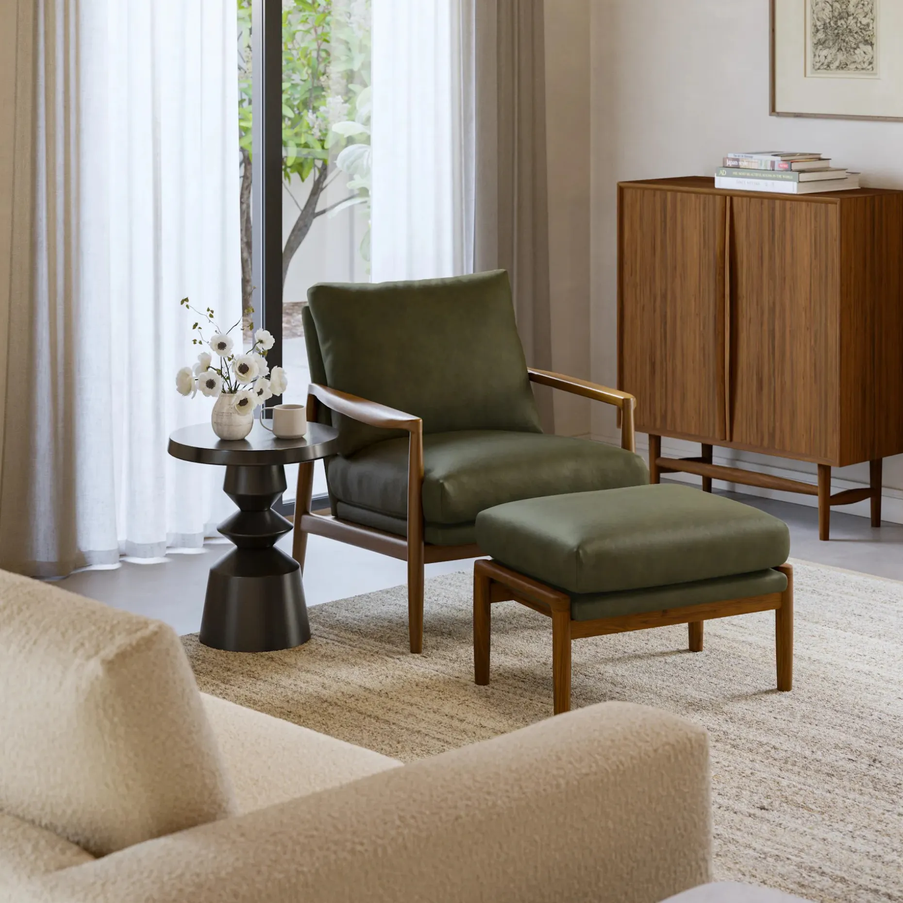 Bavel 28.5" Leather Lounge Set - Walnut and Charme Green