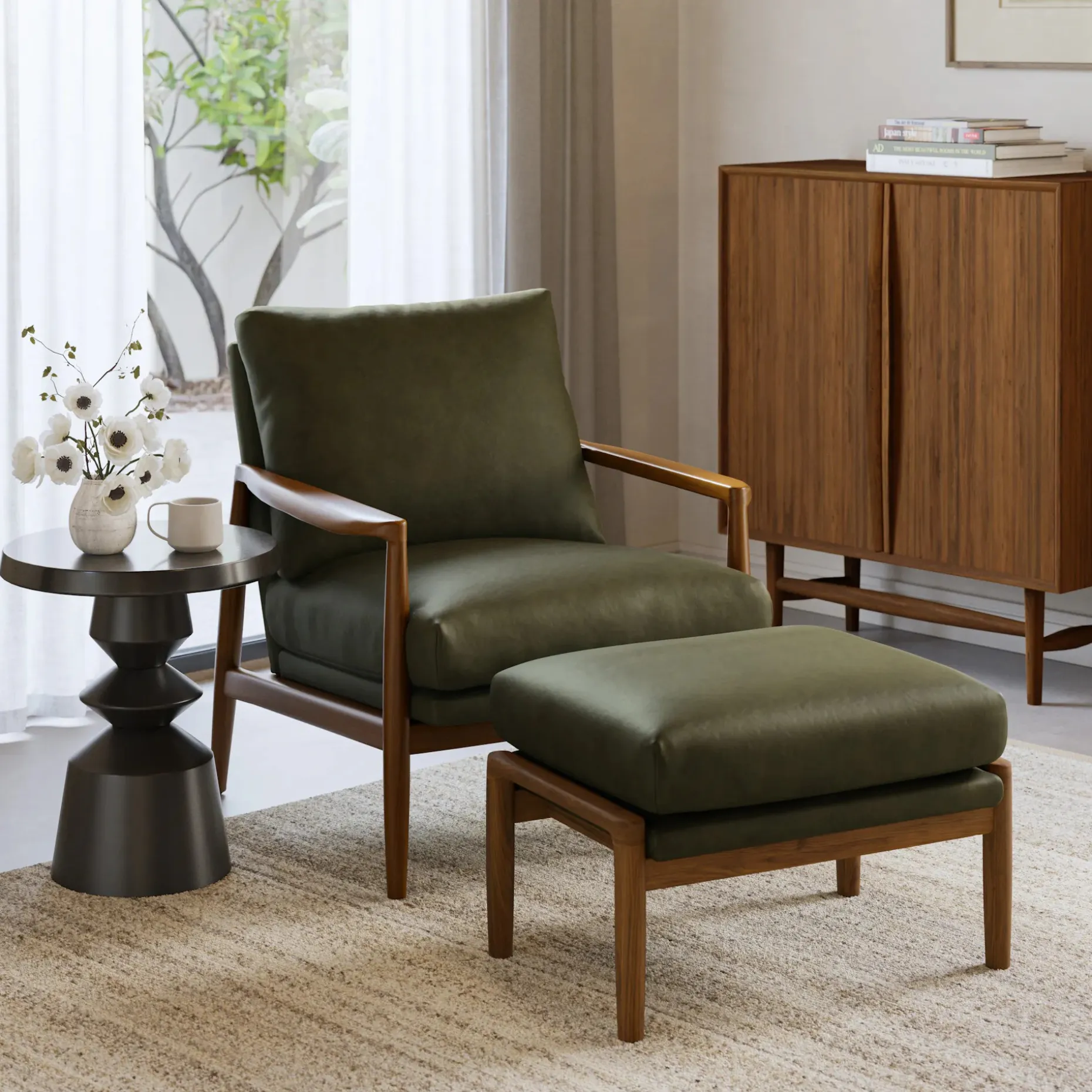 Bavel 28.5" Leather Lounge Set - Walnut and Charme Green
