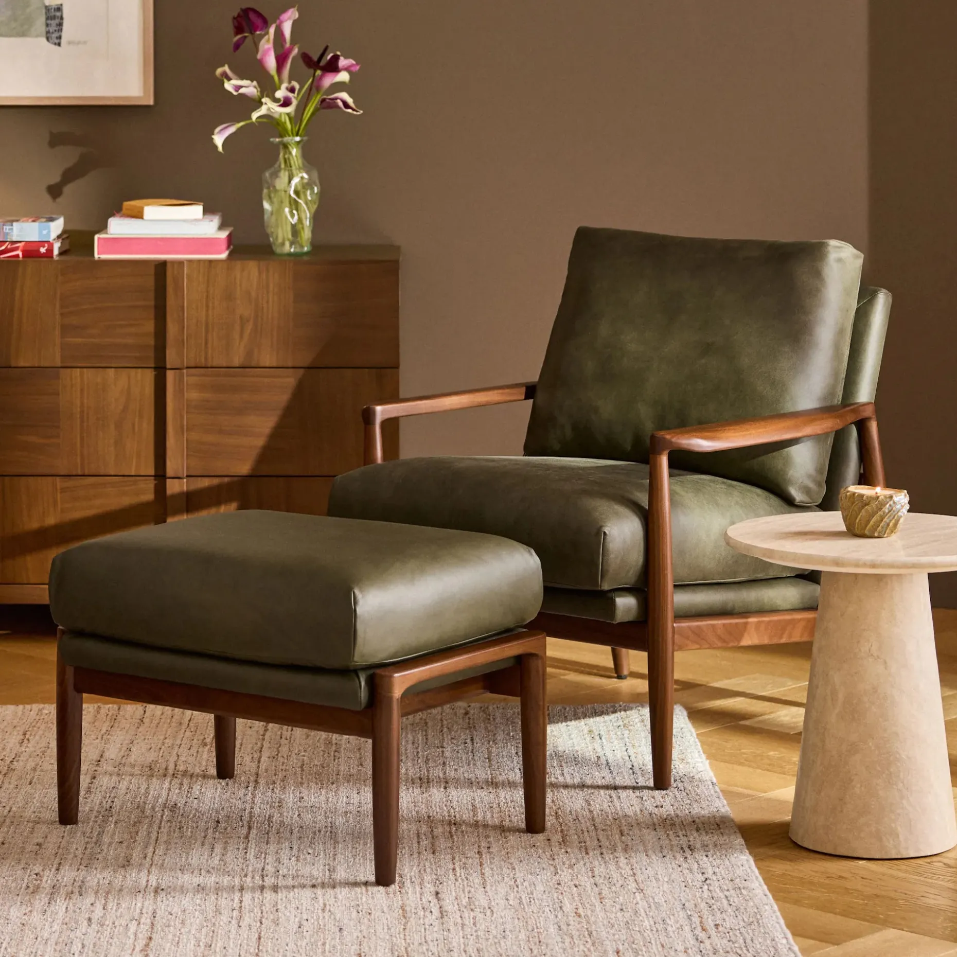 Bavel 28.5" Leather Lounge Set - Walnut and Charme Green