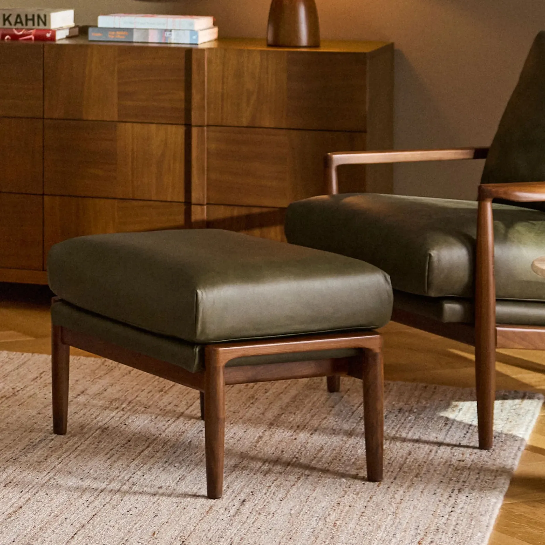 Bavel 28.5" Leather Lounge Set - Walnut and Charme Green