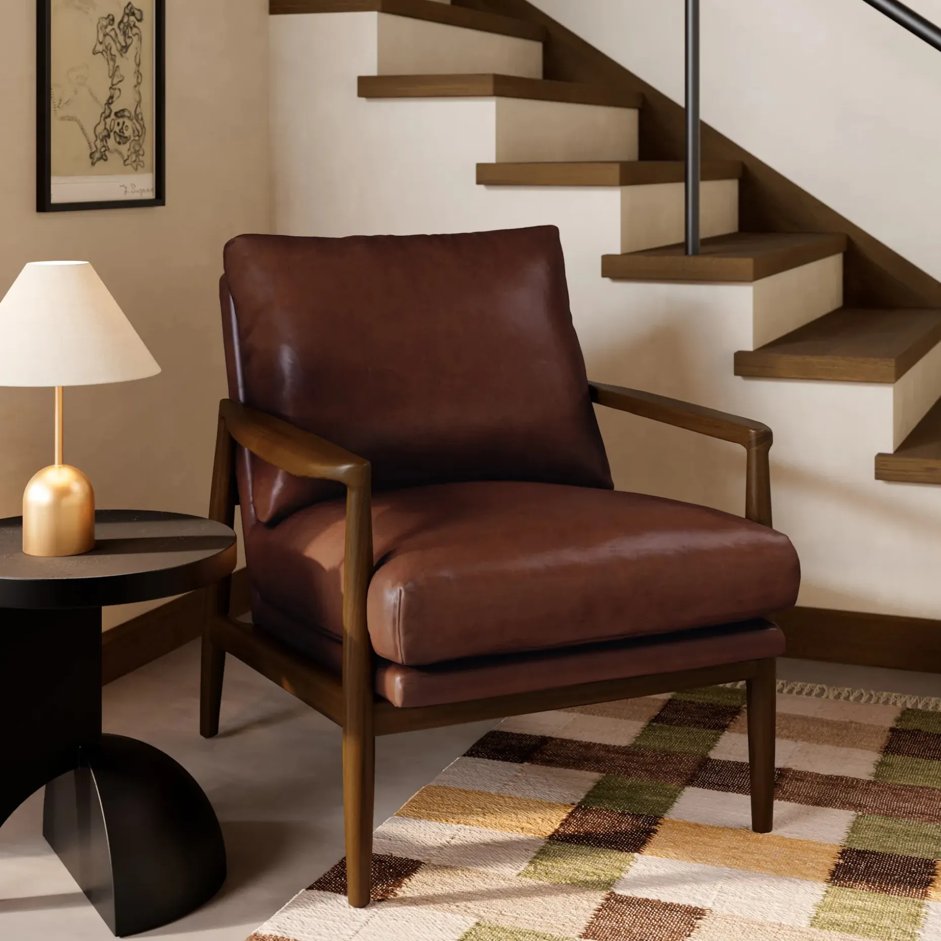 Bavel 28.5" Leather Lounge Set - Walnut and Indiana Brown