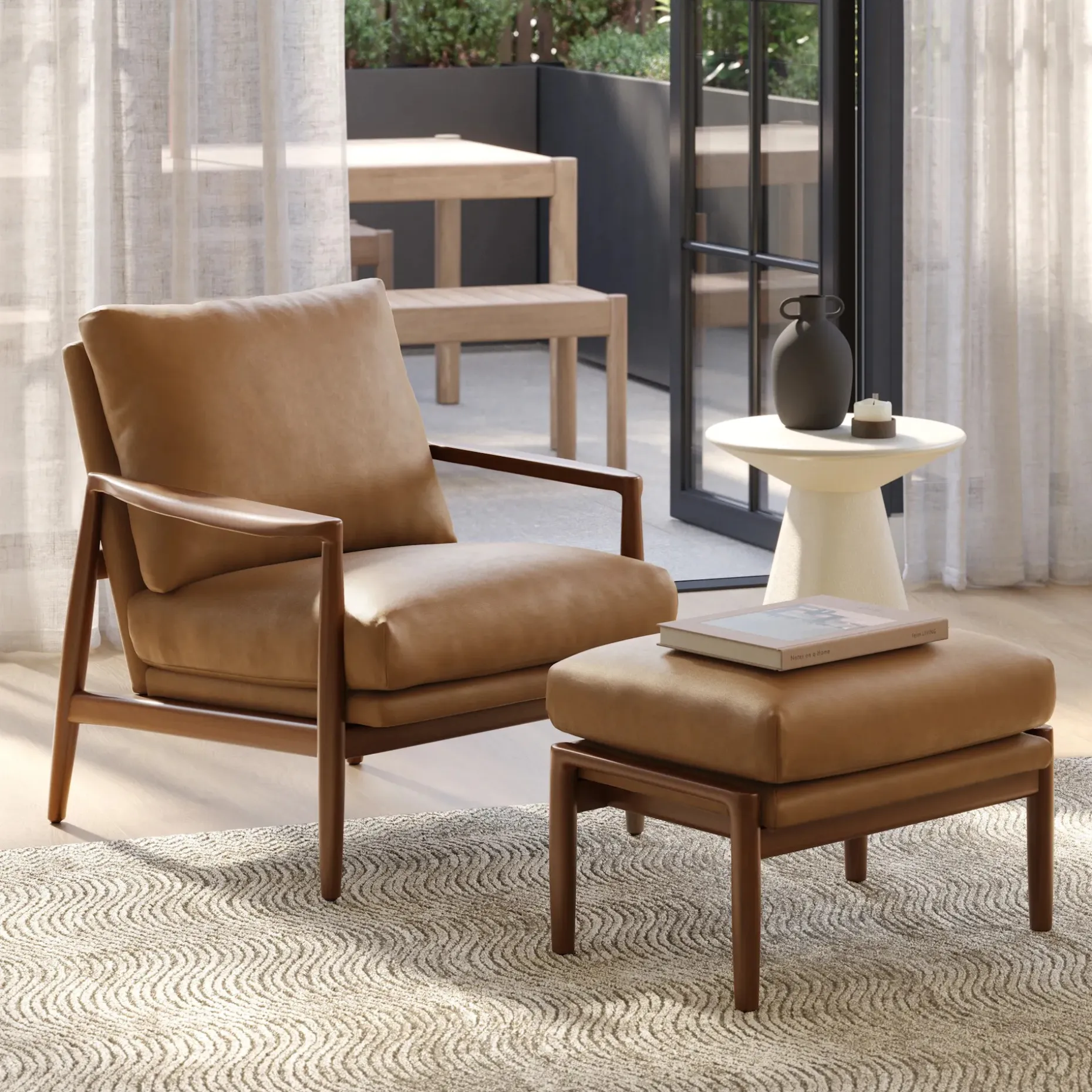 Bavel 28.5" Leather Lounge Set - Walnut and Charme Tan