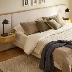Bjorn King Upholstered Bed with Nightstands Set - White Oak and Ratine Ivory