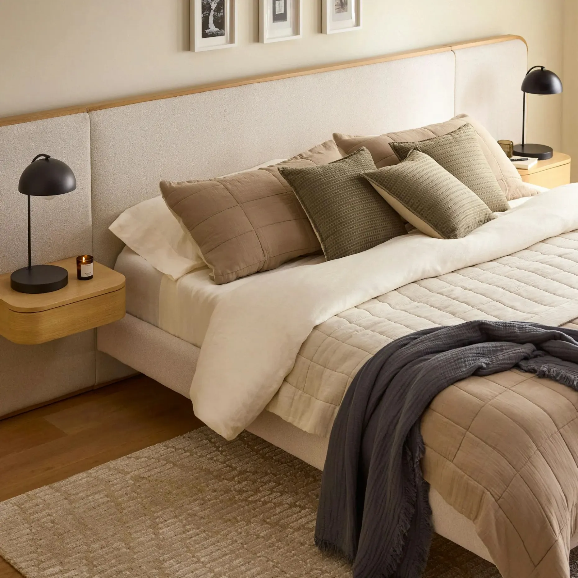 Bjorn King Upholstered Bed with Nightstands Set - White Oak and Ratine Ivory
