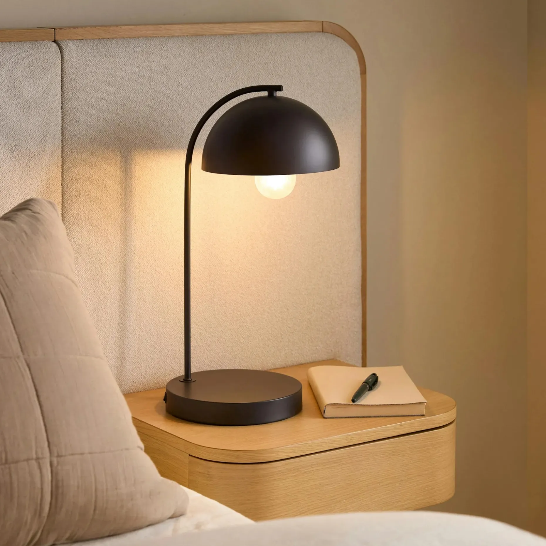 Bjorn King Upholstered Bed with Nightstands Set - White Oak and Ratine Ivory