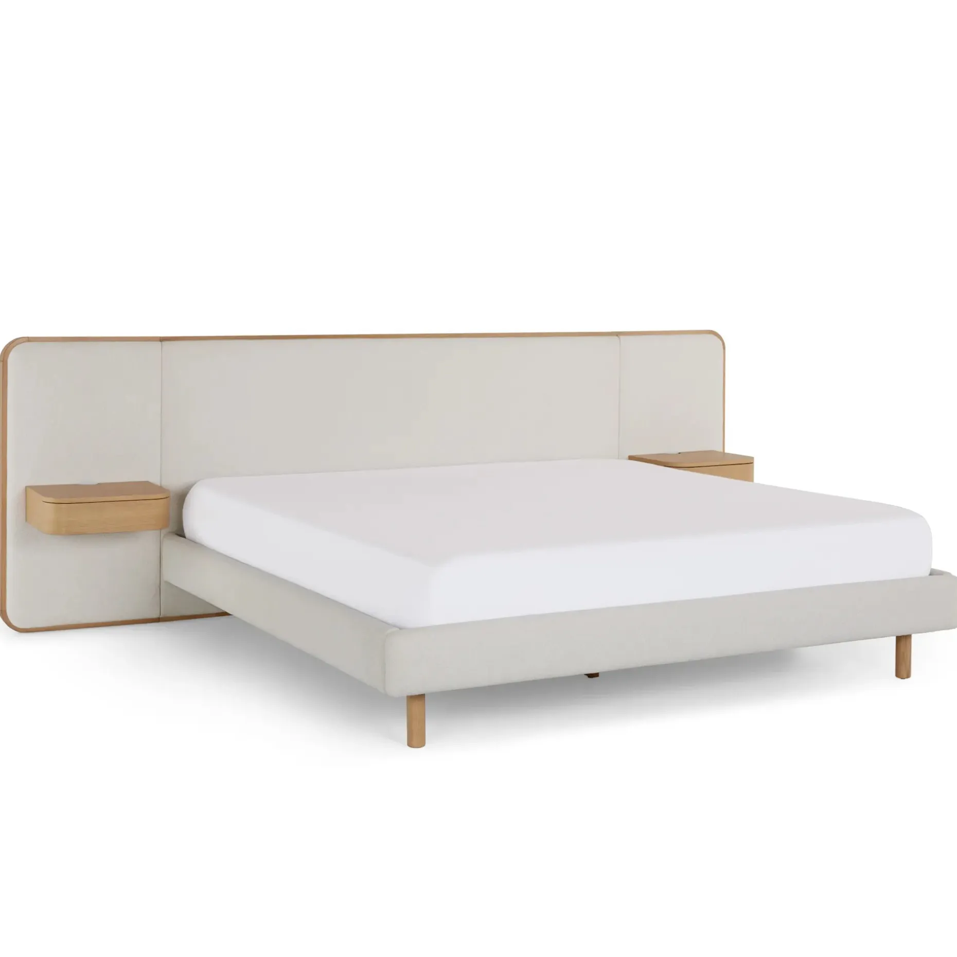 Bjorn King Upholstered Bed with Nightstands Set - White Oak and Ratine Ivory