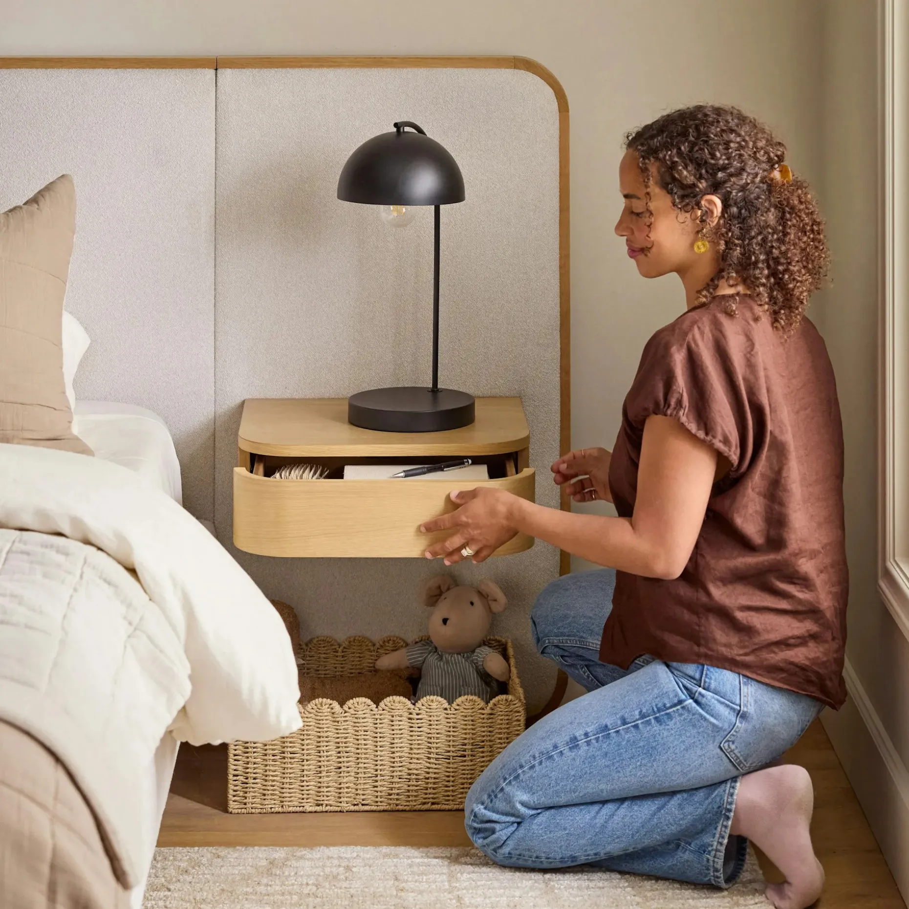 Bjorn King Upholstered Bed with Nightstands Set - White Oak and Ratine Ivory