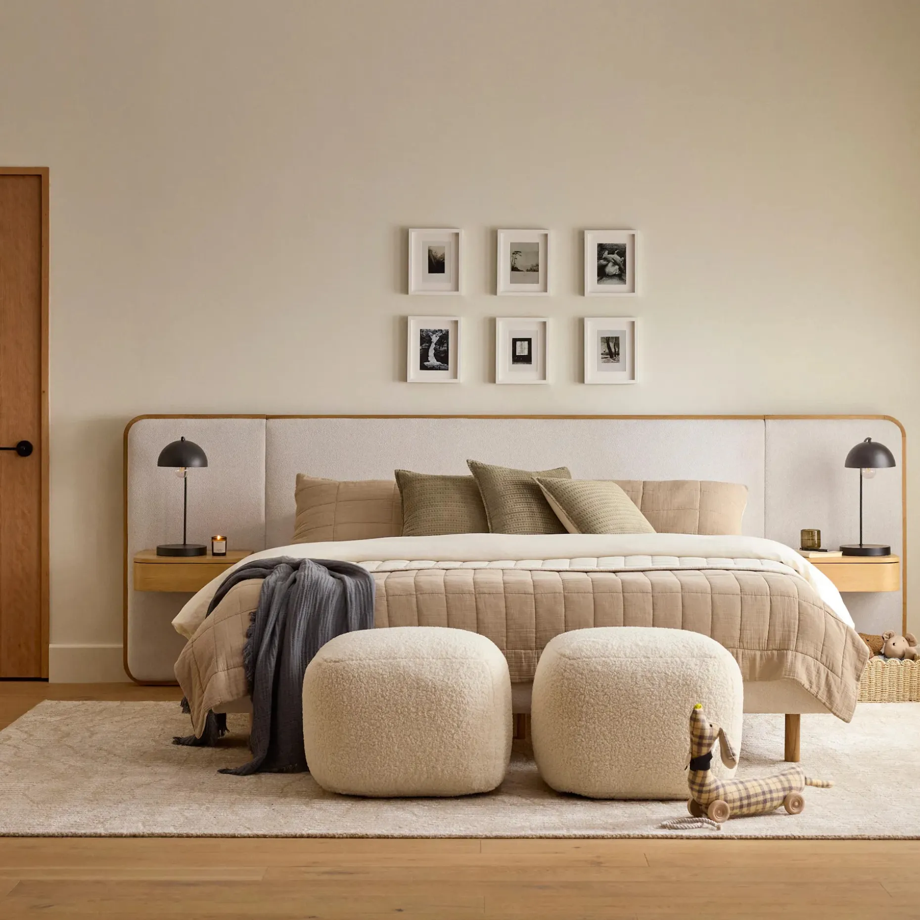 Bjorn King Upholstered Bed with Nightstands Set - White Oak and Ratine Ivory