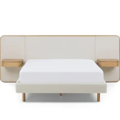 Bjorn Queen Upholstered Bed with Nightstands Set - White Oak and Ratine Ivory