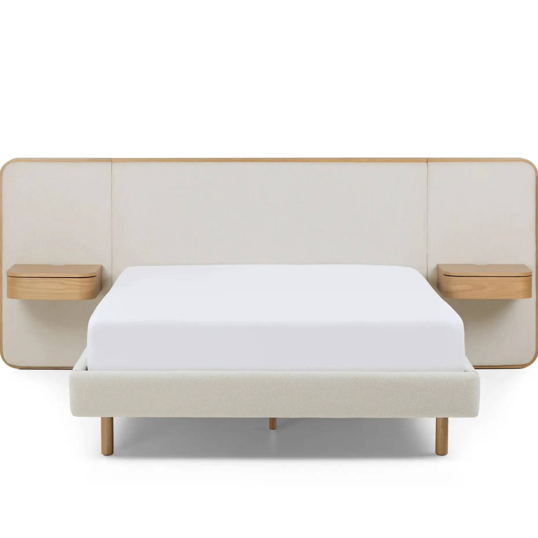 Bjorn Queen Upholstered Bed with Nightstands Set - White Oak and Ratine Ivory