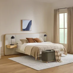 Bjorn Queen Upholstered Bed with Nightstands Set - White Oak and Ratine Ivory