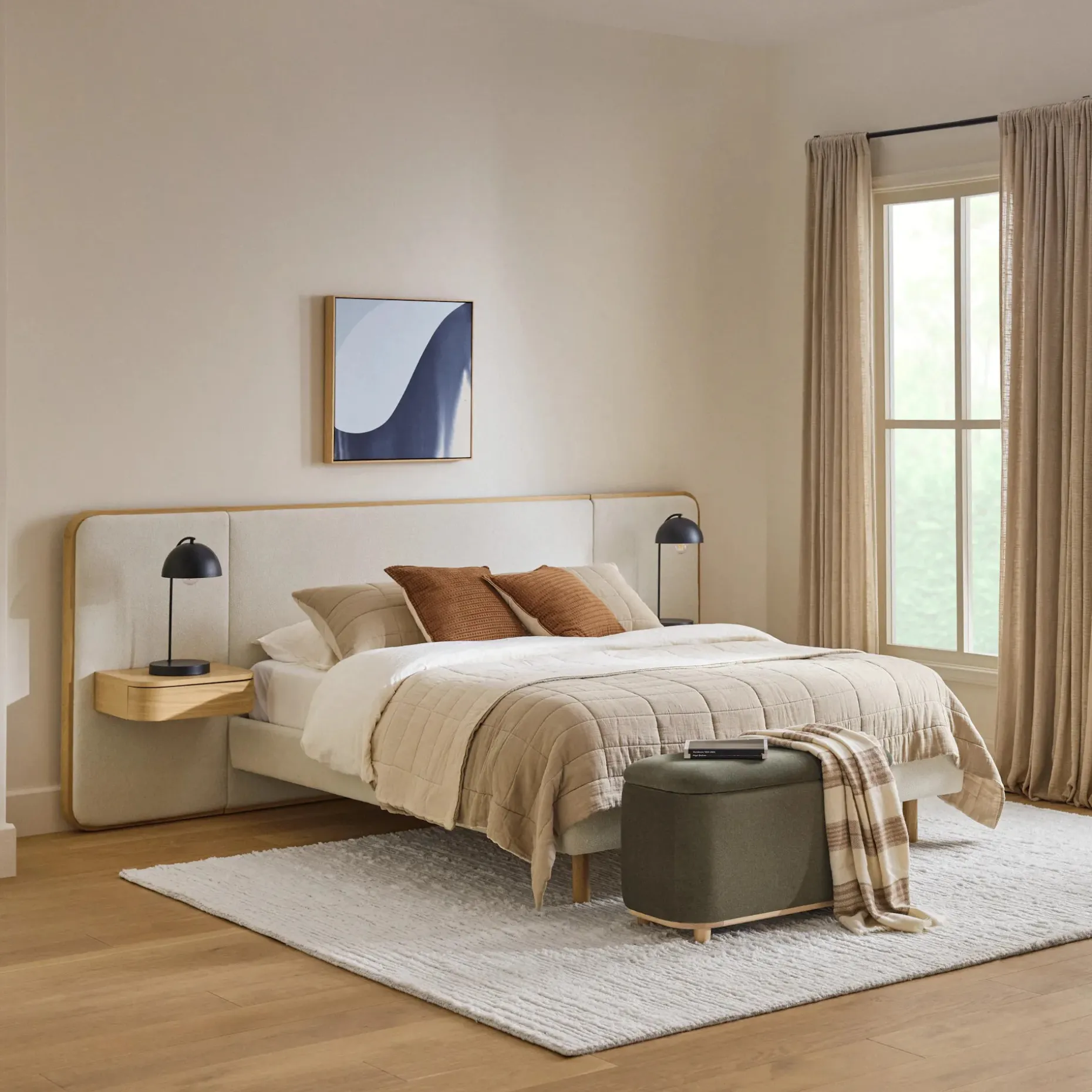 Bjorn Queen Upholstered Bed with Nightstands Set - White Oak and Ratine Ivory