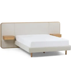 Bjorn Queen Upholstered Bed with Nightstands Set - White Oak and Ratine Ivory