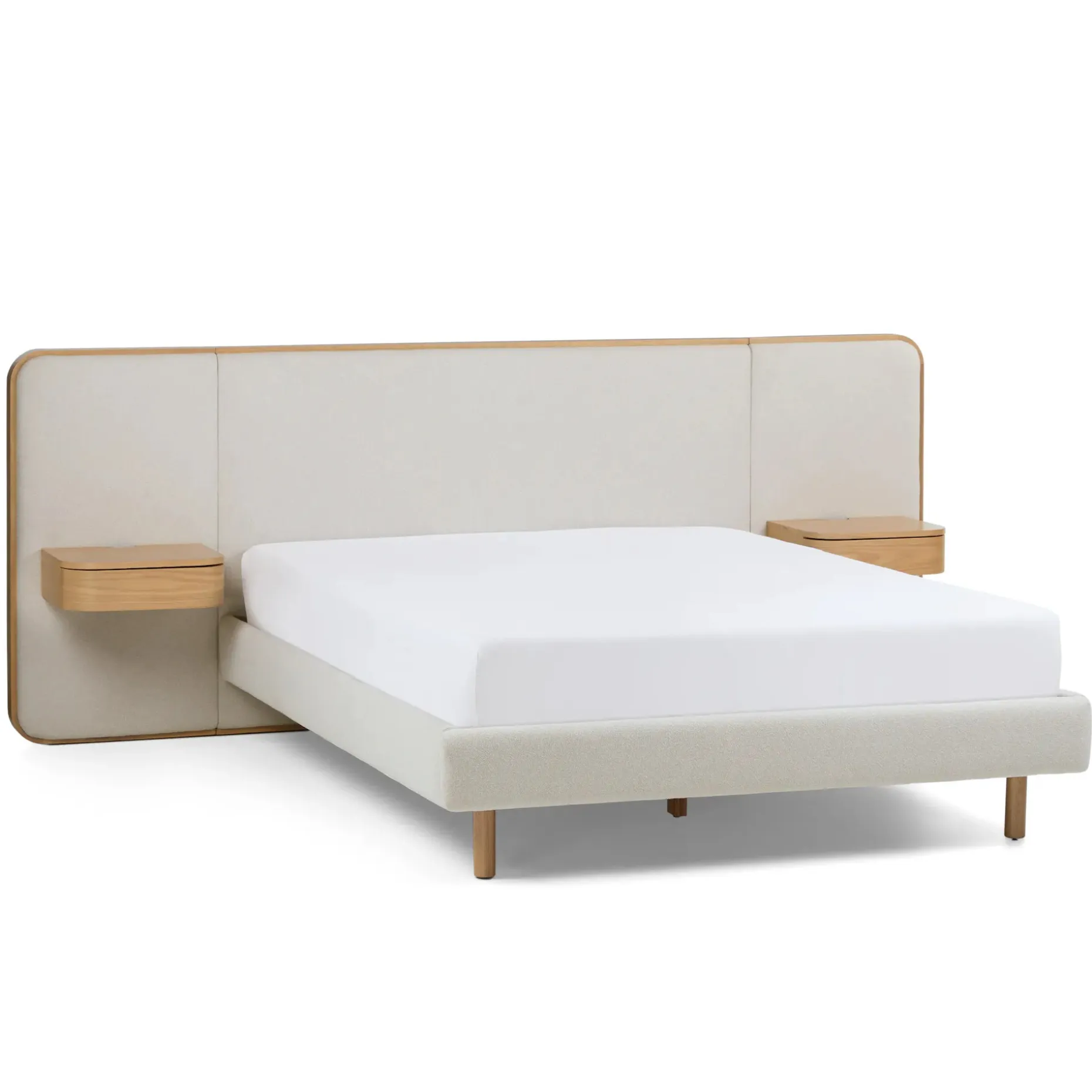 Bjorn Queen Upholstered Bed with Nightstands Set - White Oak and Ratine Ivory