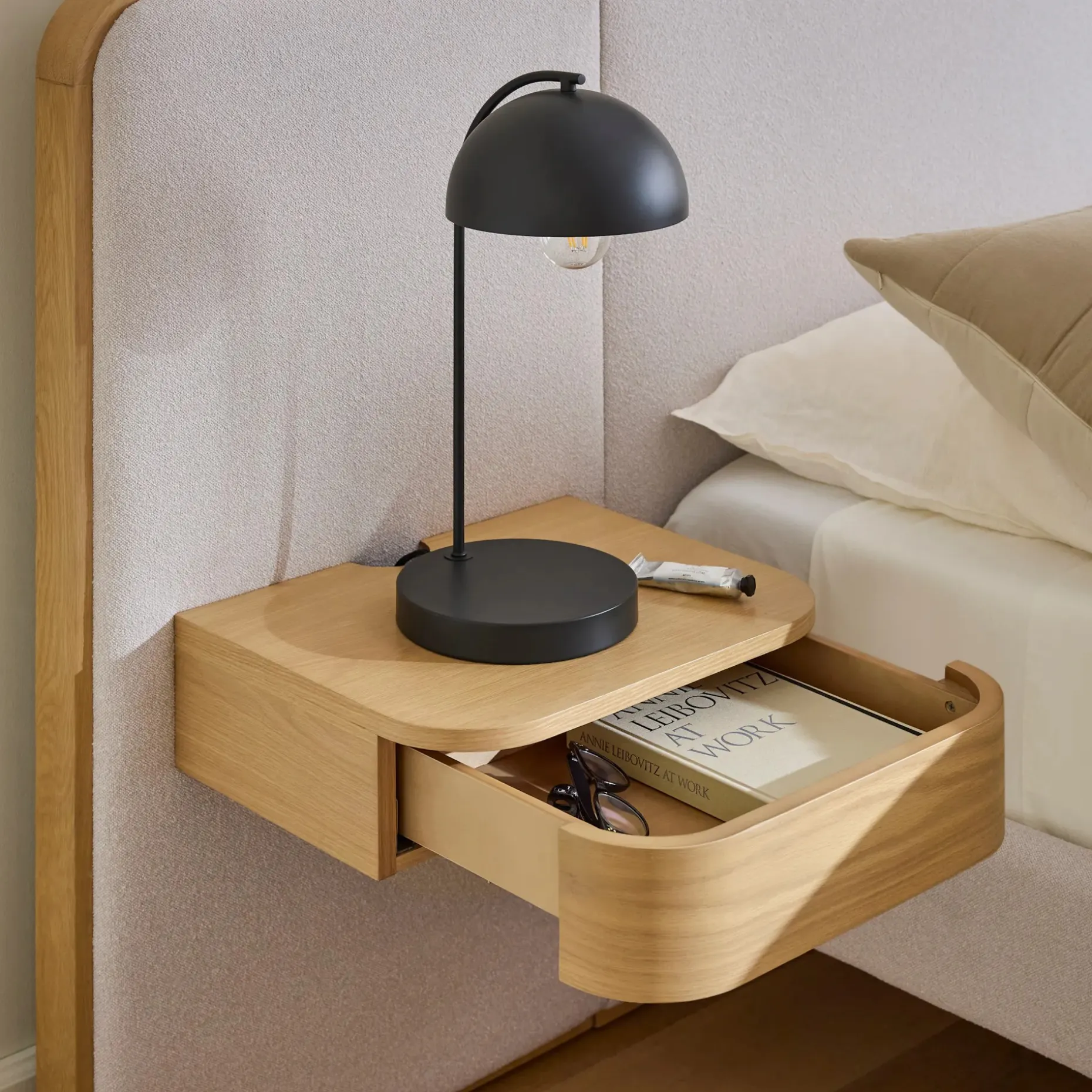 Bjorn Queen Upholstered Bed with Nightstands Set - White Oak and Ratine Ivory