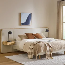 Bjorn Queen Upholstered Bed with Nightstands Set - White Oak and Ratine Ivory