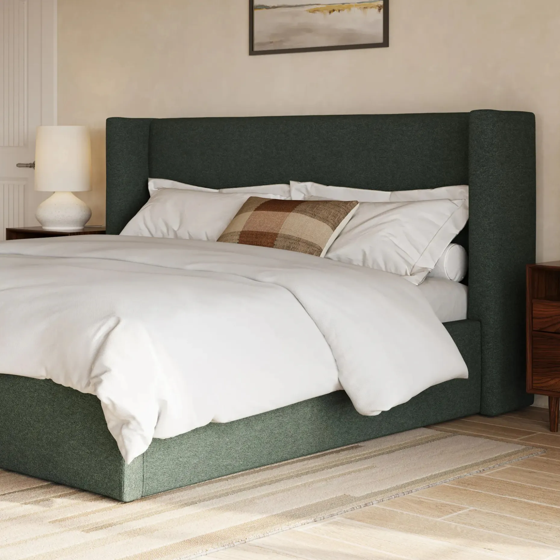 Calabri King Upholstered Bed - Green Wool Bouclé