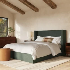 Calabri Queen Upholstered Bed - Green Wool Bouclé