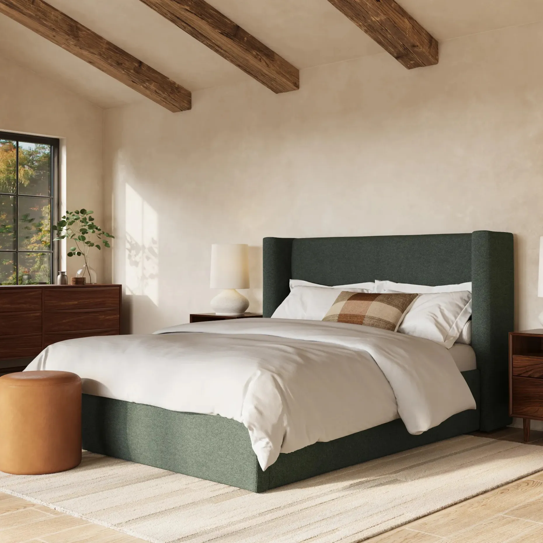 Calabri Queen Upholstered Bed - Green Wool Bouclé