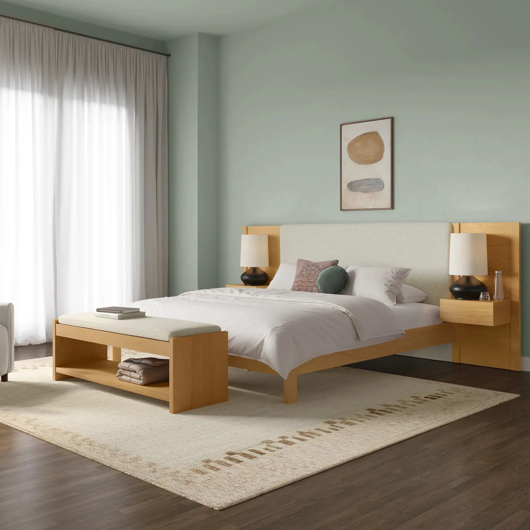 Cassie 56" Bench - Natural Oak and Ivory Chenille