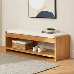 Cassie 56" Bench - Natural Oak and Ivory Chenille