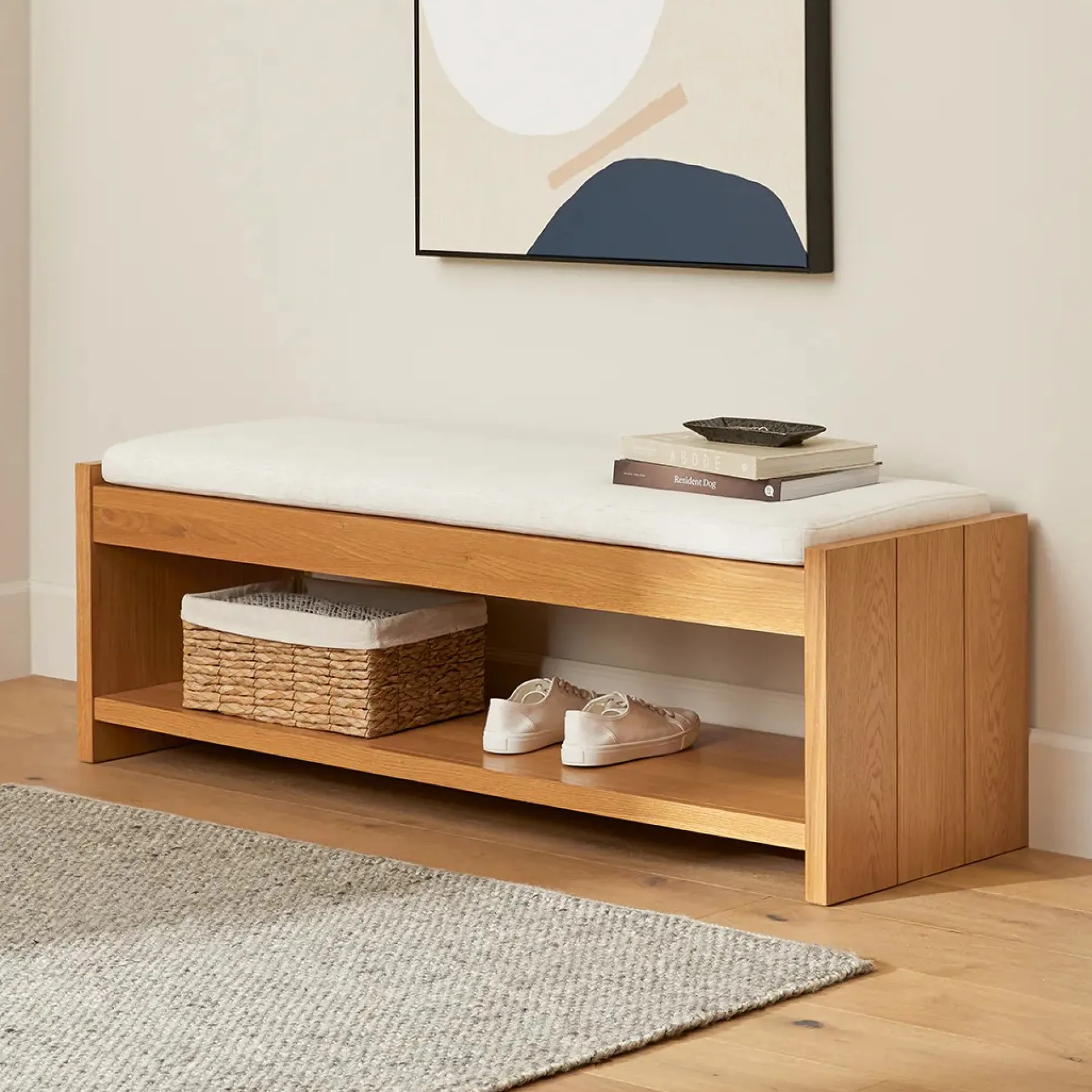 Cassie 56" Bench - Natural Oak and Ivory Chenille