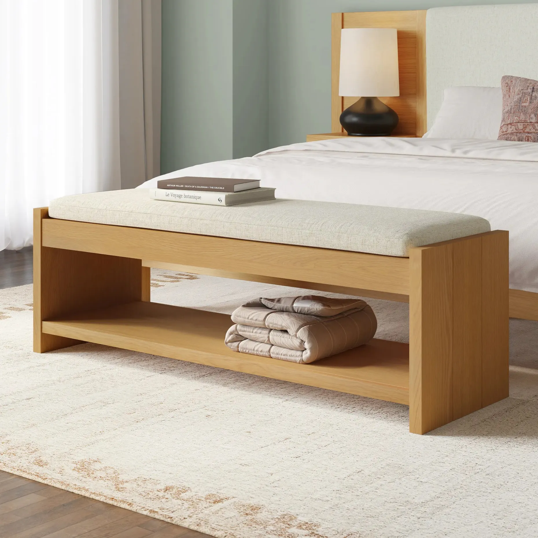 Cassie 56" Bench - Natural Oak and Ivory Chenille