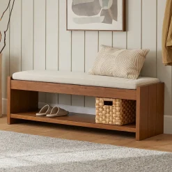 Cassie 56" Bench - Smoked Oak and Taupe Chenille