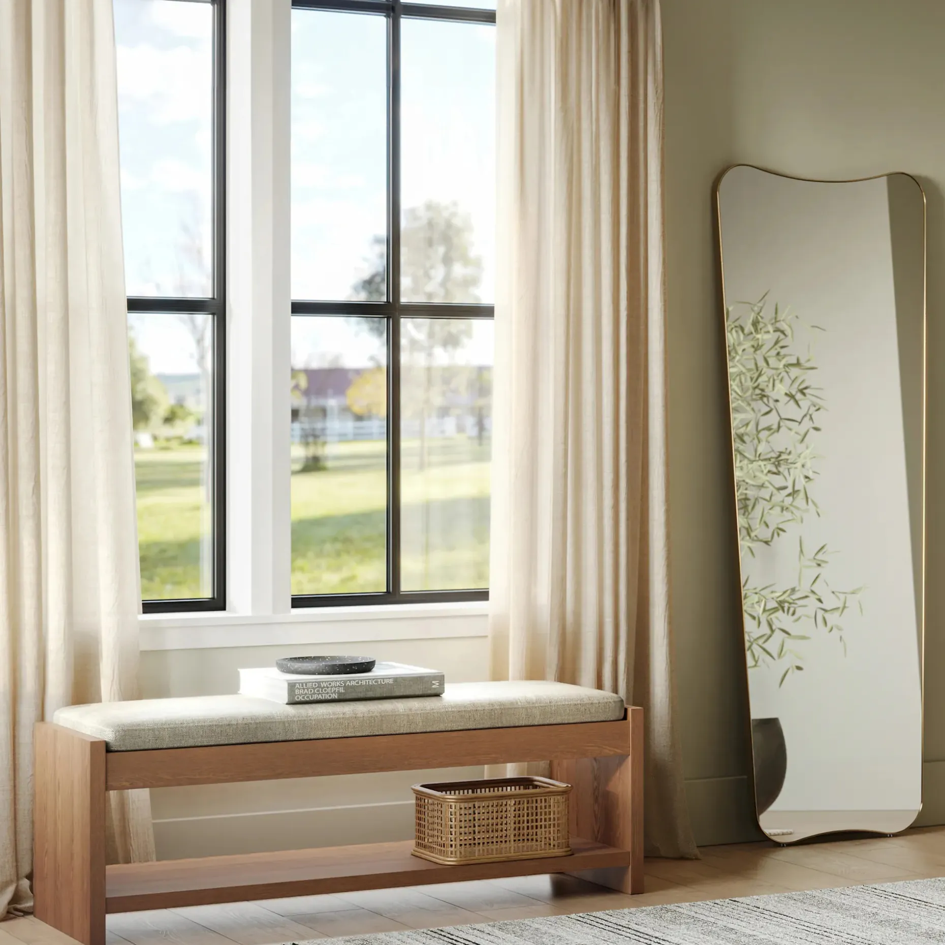 Cassie 56" Bench - Smoked Oak and Taupe Chenille