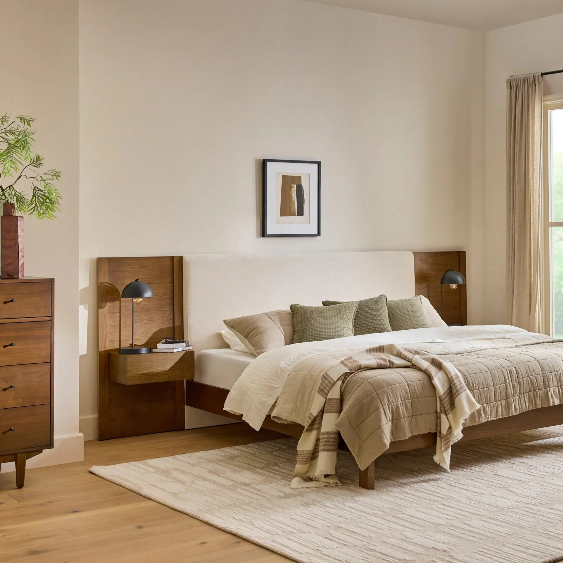 Cassie King Upholstered Bed with Nightstands - Smoked Oak and Taupe Chenille