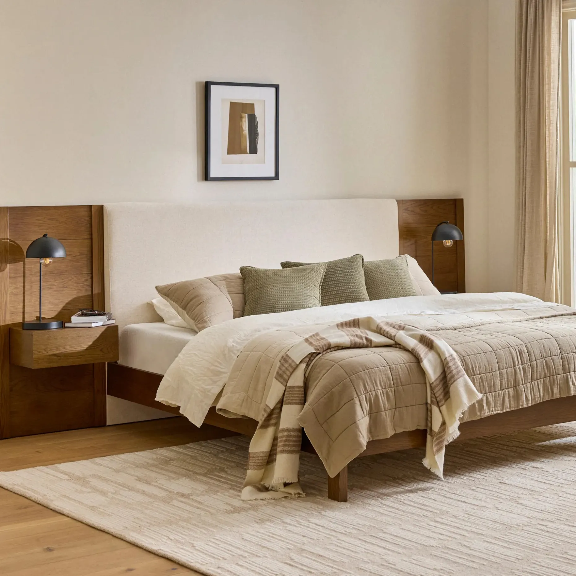 Cassie King Upholstered Bed with Nightstands - Smoked Oak and Taupe Chenille