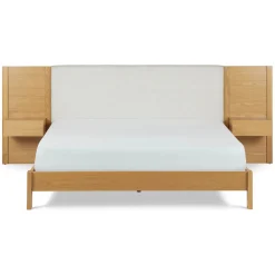 Cassie King Upholstered Bed with Nightstands - Natural Oak and Ivory Chenille