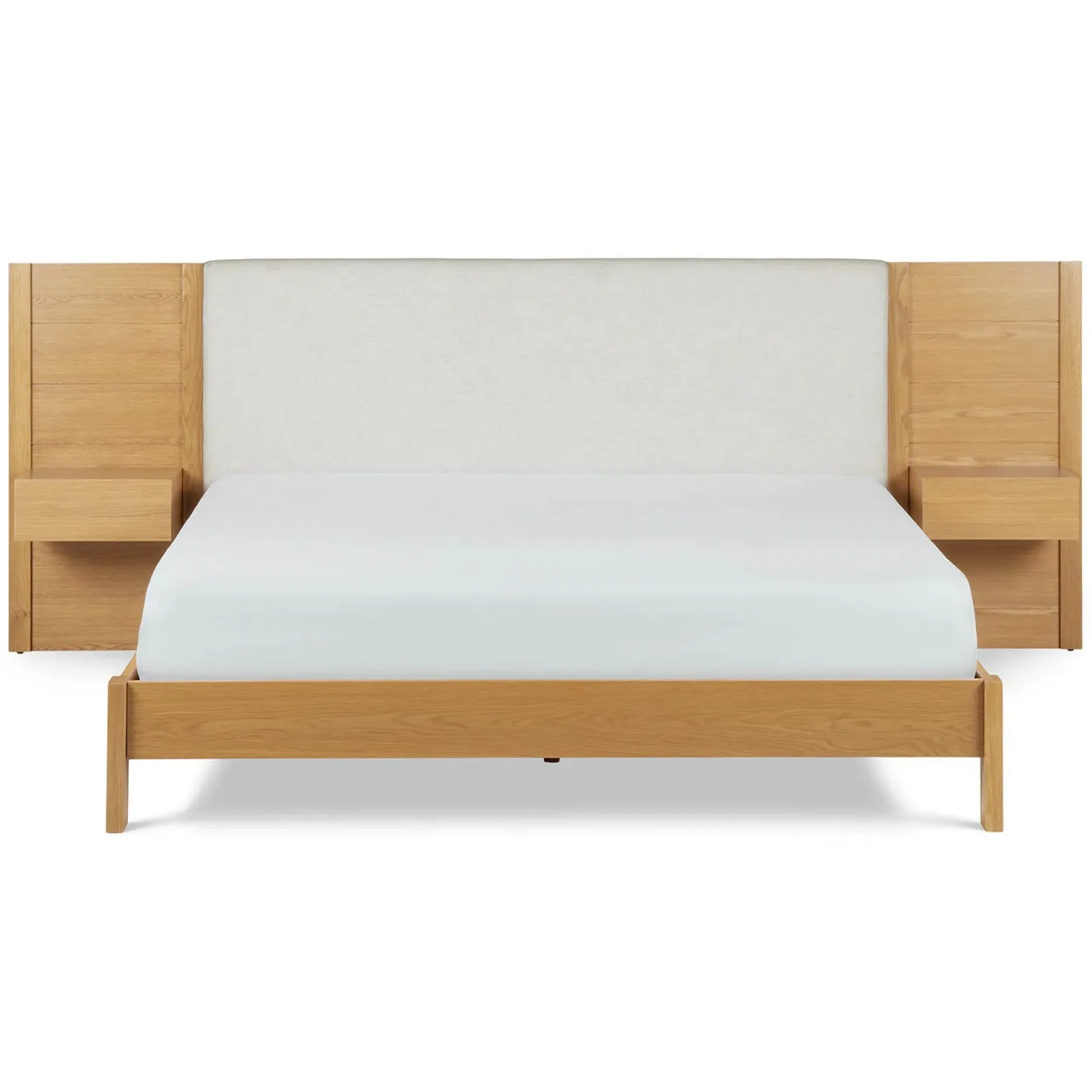 Cassie King Upholstered Bed with Nightstands - Natural Oak and Ivory Chenille