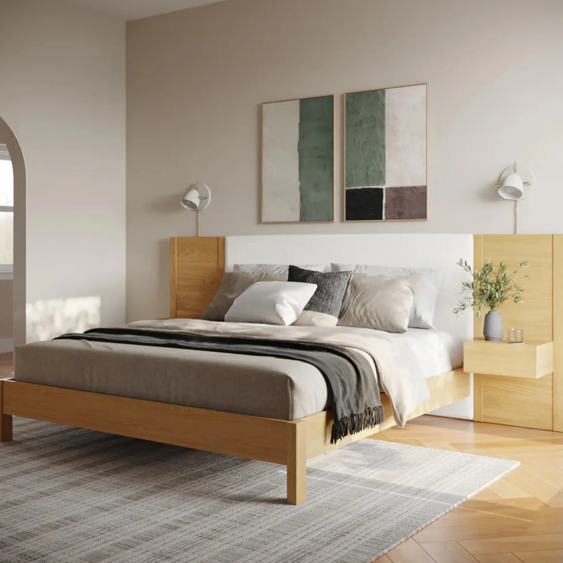Cassie King Upholstered Bed with Nightstands - Natural Oak and Ivory Chenille