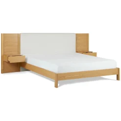 Cassie King Upholstered Bed with Nightstands - Natural Oak and Ivory Chenille