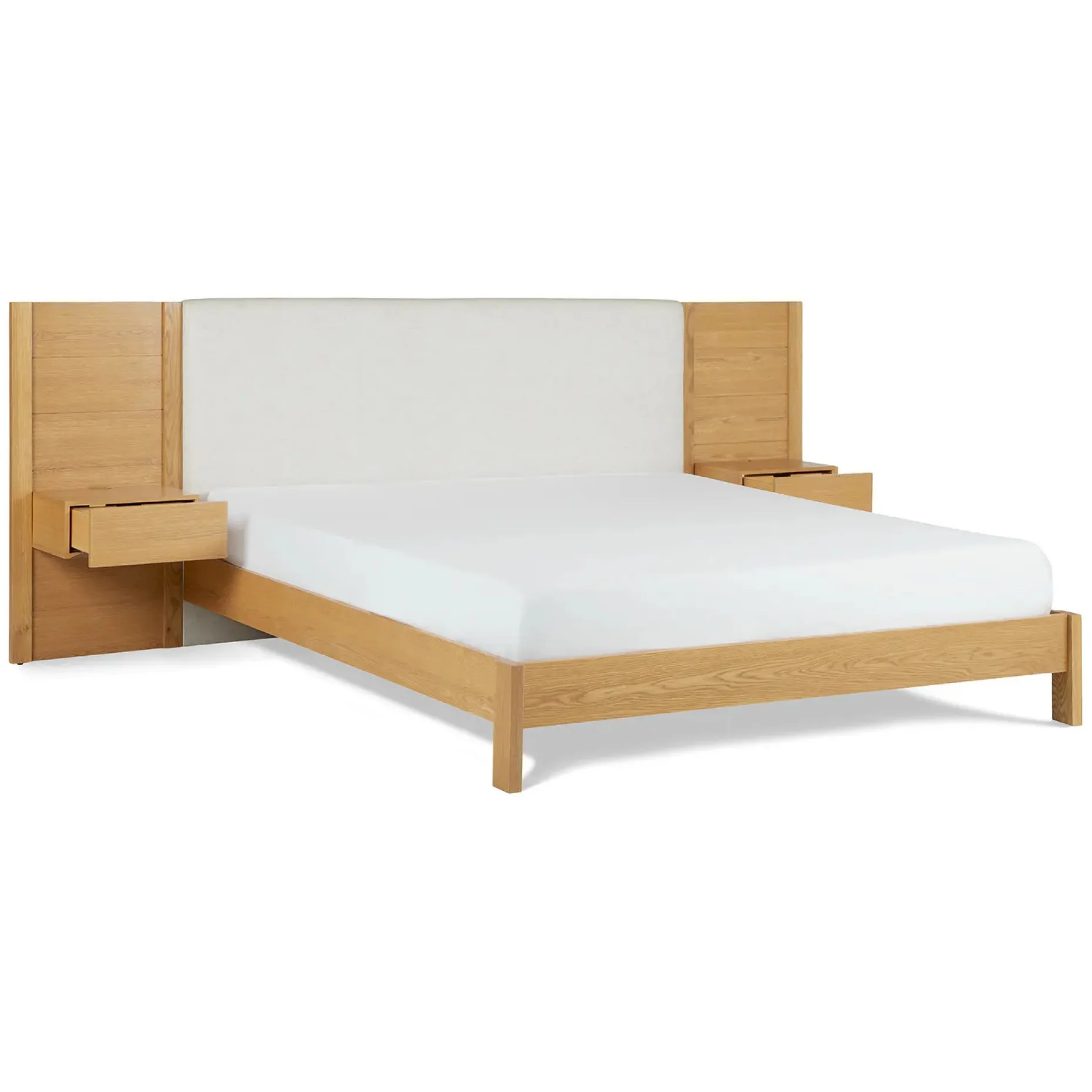 Cassie King Upholstered Bed with Nightstands - Natural Oak and Ivory Chenille