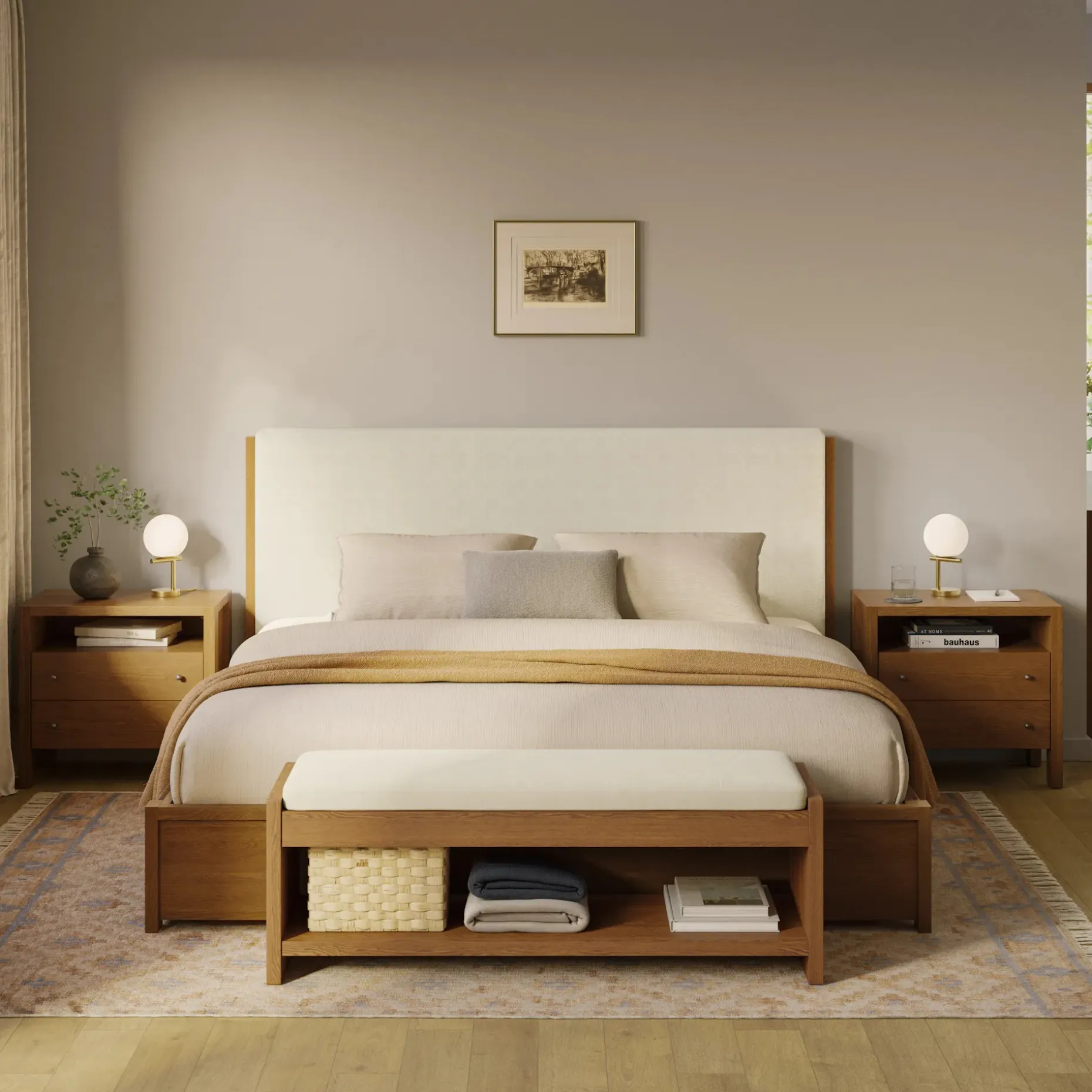 Cassie King Upholstered Storage Bed - Smoked Oak and Taupe Chenille