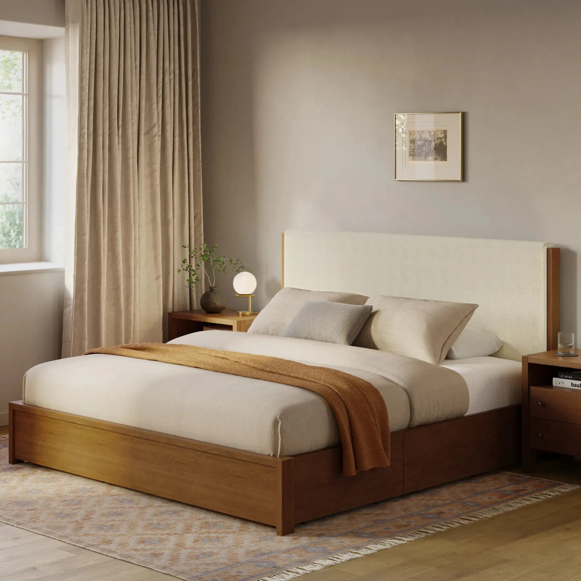 Cassie King Upholstered Storage Bed - Smoked Oak and Taupe Chenille