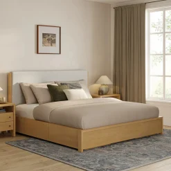 Cassie King Upholstered Storage Bed - Natural Oak and Ivory Chenille