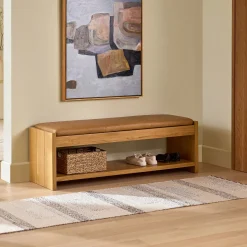 Cassie 56" Leather Bench - Natural Oak and Charme Tan