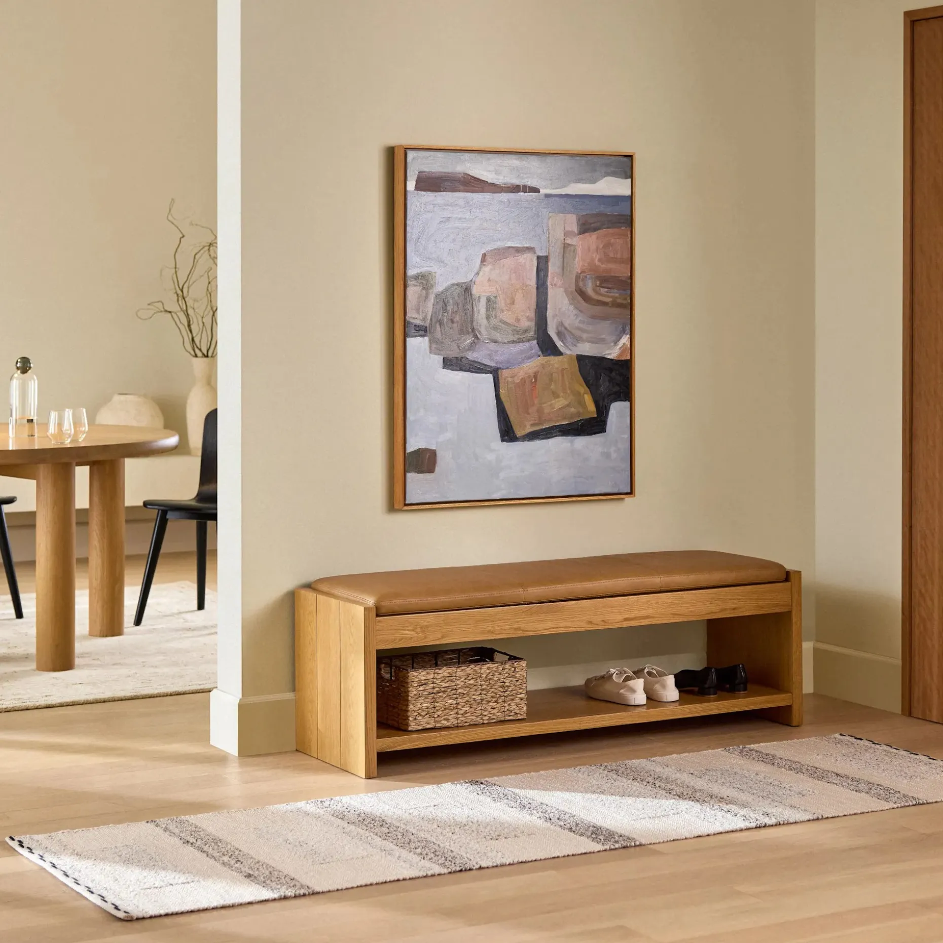 Cassie 56" Leather Bench - Natural Oak and Charme Tan