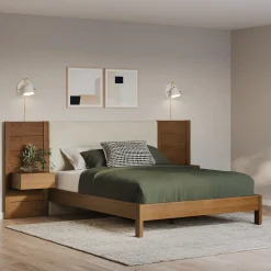 Cassie Queen Upholstered Bed with Nightstands - Smoked Oak and Taupe Chenille