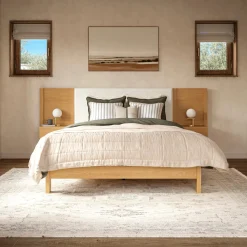 Cassie Queen Upholstered Bed with Nightstands - Natural Oak and Ivory Chenille