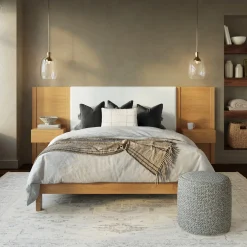 Cassie Queen Upholstered Bed with Nightstands - Natural Oak and Ivory Chenille