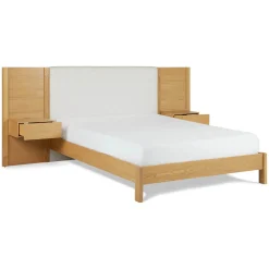 Cassie Queen Upholstered Bed with Nightstands - Natural Oak and Ivory Chenille