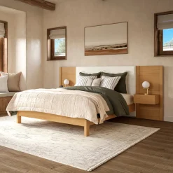 Cassie Queen Upholstered Bed with Nightstands - Natural Oak and Ivory Chenille