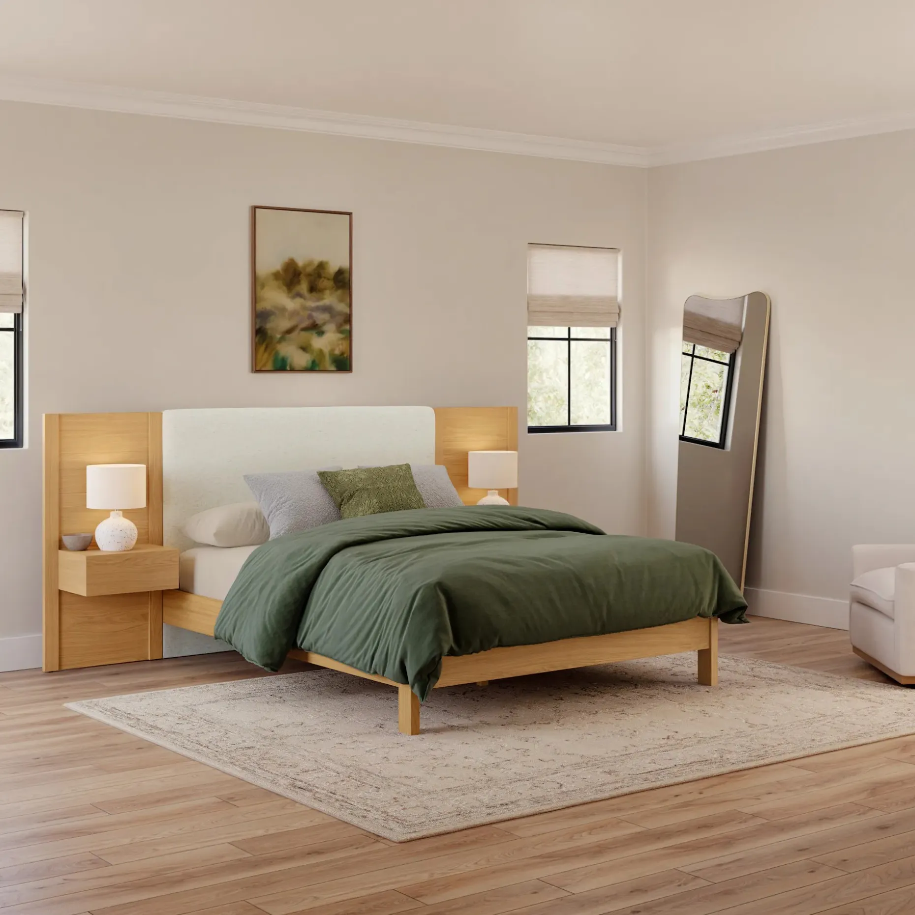 Cassie Queen Upholstered Bed with Nightstands - Natural Oak and Ivory Chenille
