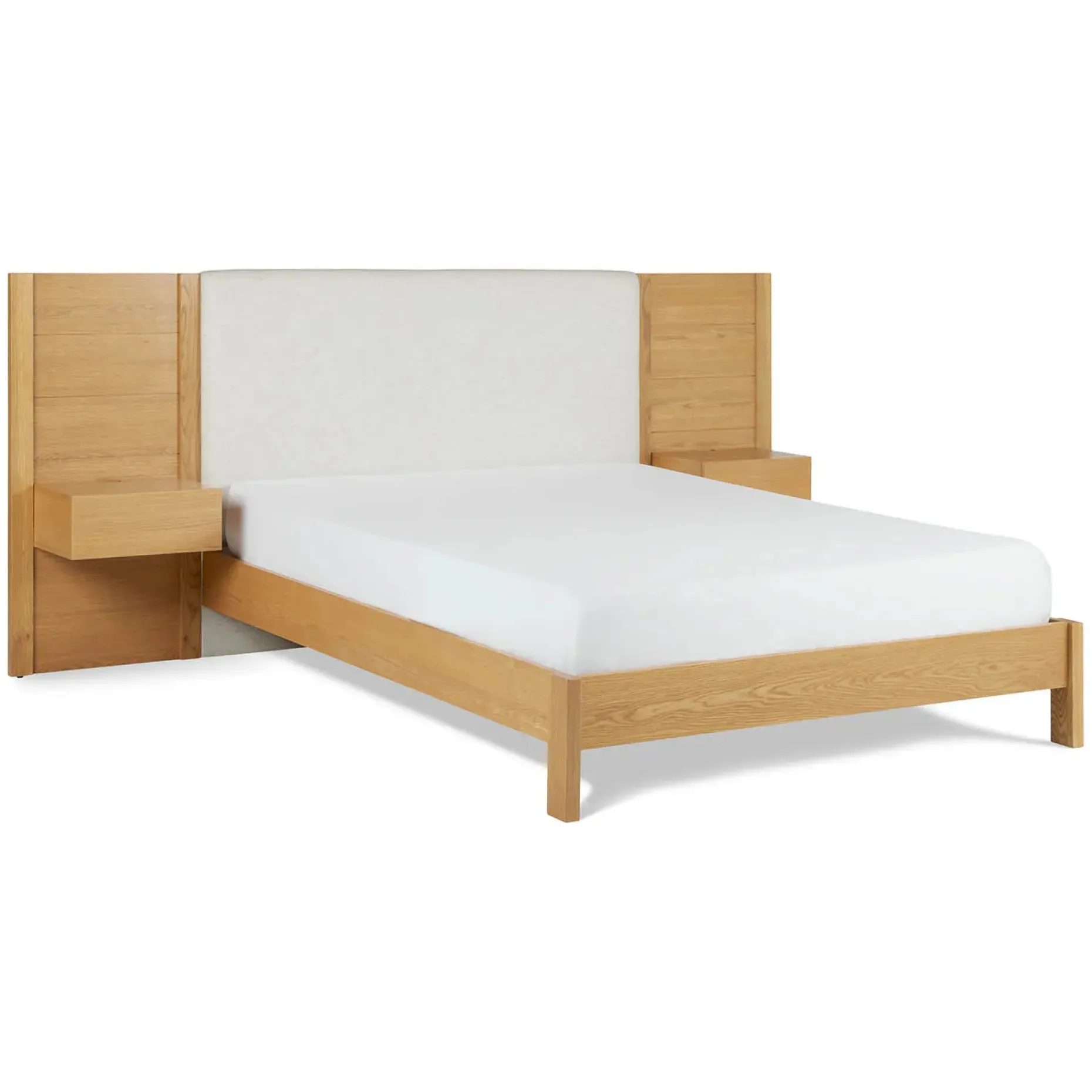 Cassie Queen Upholstered Bed with Nightstands - Natural Oak and Ivory Chenille