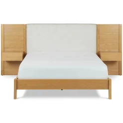 Cassie Queen Upholstered Bed with Nightstands - Natural Oak and Ivory Chenille