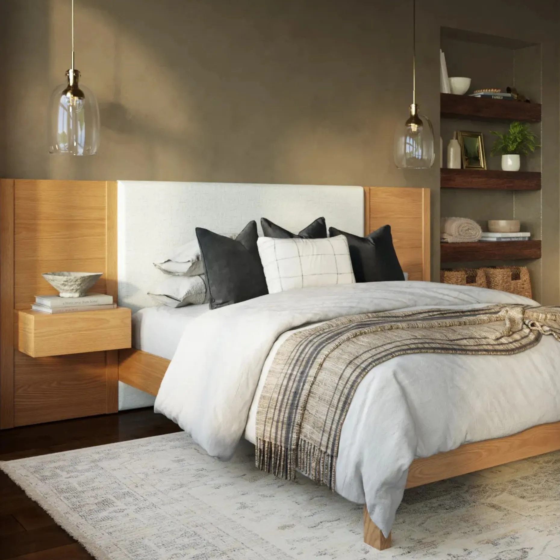 Cassie Queen Upholstered Bed with Nightstands - Natural Oak and Ivory Chenille